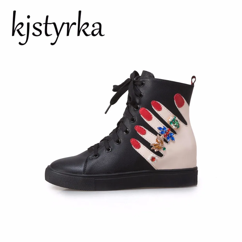 

Kjstyrka Women Short Boots Autumn Winter Shoes Warm Plush Ankle Boots 2017 Brand Lace Up Female Shoes rhinestone dectorations