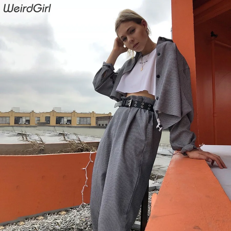 Weirdgirl, женское повседневное пальто, на пуговицах, длинный рукав, клетчатая куртка, короткий топ, отложной воротник, модная женская верхняя одежда, Новинка осени