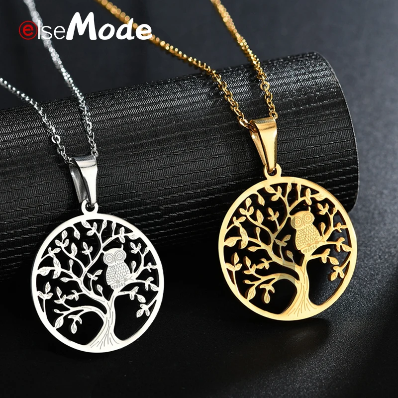 

ELSEMODE Hollow Tree of life Stainless Steel Round Pendant Necklace Vintage Owl Animal Women Neckalces for Wedding Gifts