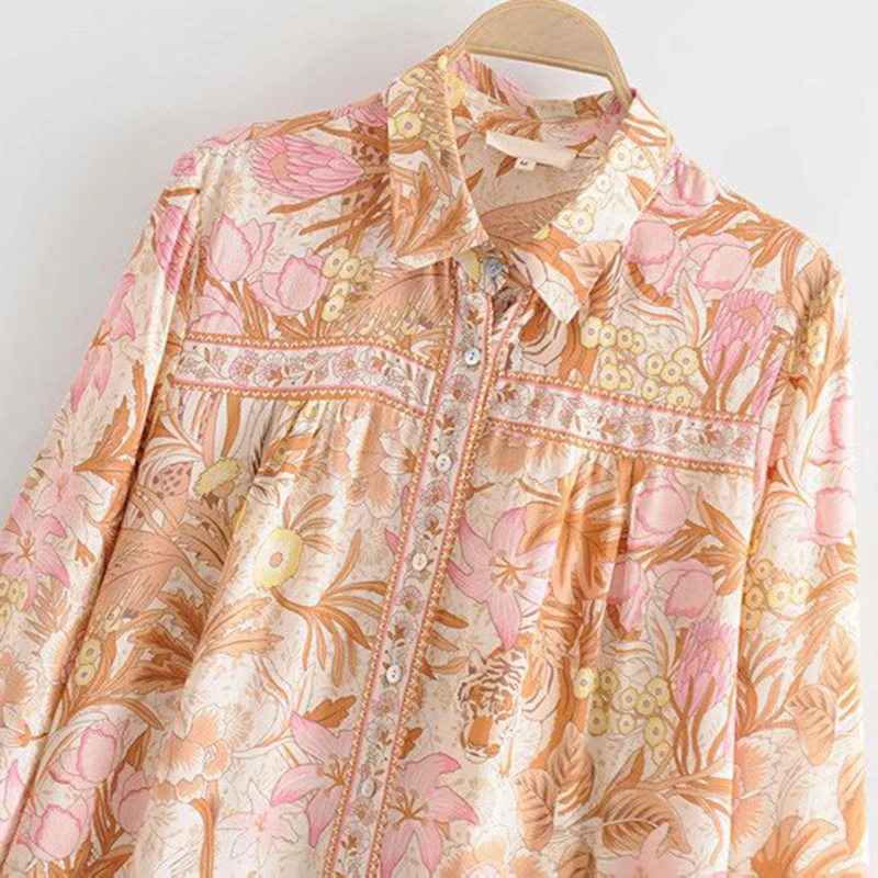 بوهو شيك الصيف قمم خمر الزهور طباعة قمصان 2019 أزياء طية صدر السترة طوق طويلة الأكمام الشاطئ البلوزات Blusas موهير