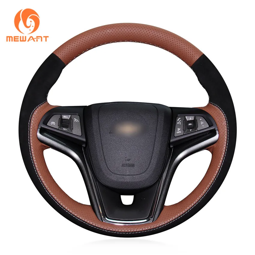 MEWANT Brown Genuine Leather Black Suede Car Steering Wheel Cover for