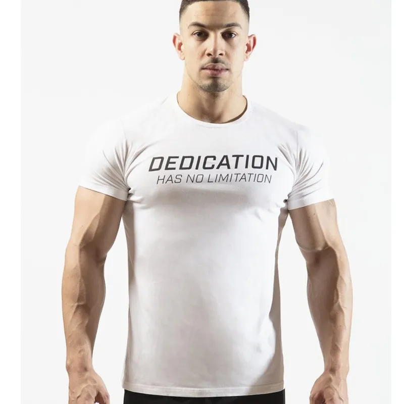 Новинка, брендовая одежда для тренажерного зала, облегающая хлопковая футболка, мужская повседневная футболка для бодибилдинга и бега, летняя Высококачественная футболка с коротким рукавом, топы - Цвет: white