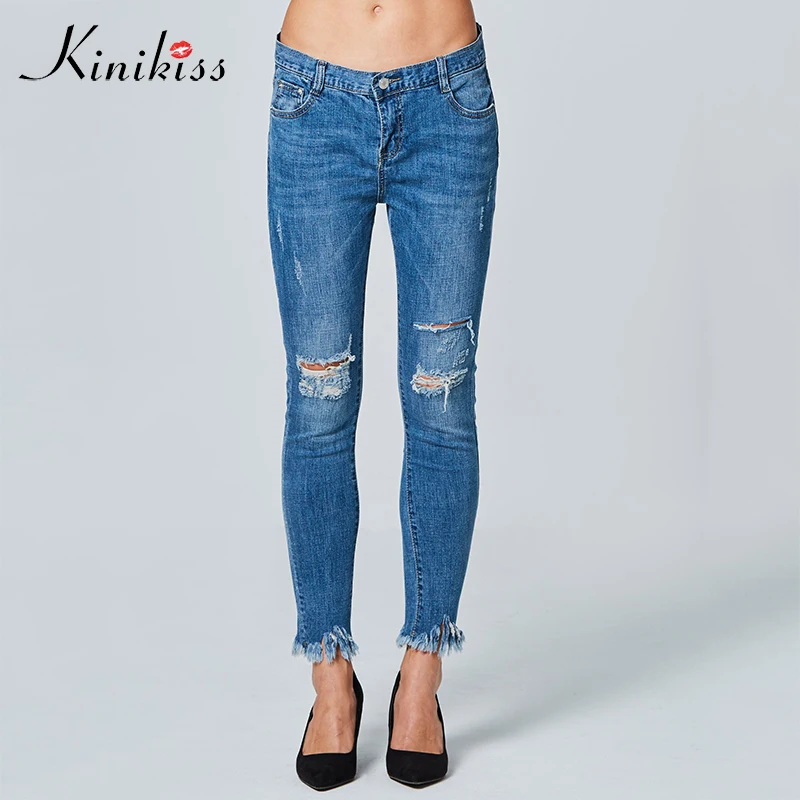 Kinikiss Indigo Denim Jeans Women 2017 Autumn Fashion Ripped Holes