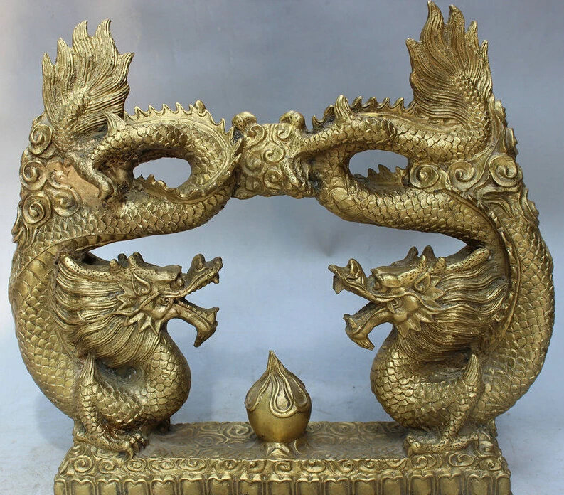 

13" Chinese Brass Auspicious Ornament 2 Fly Dragon Play Bead Statue Sculpture