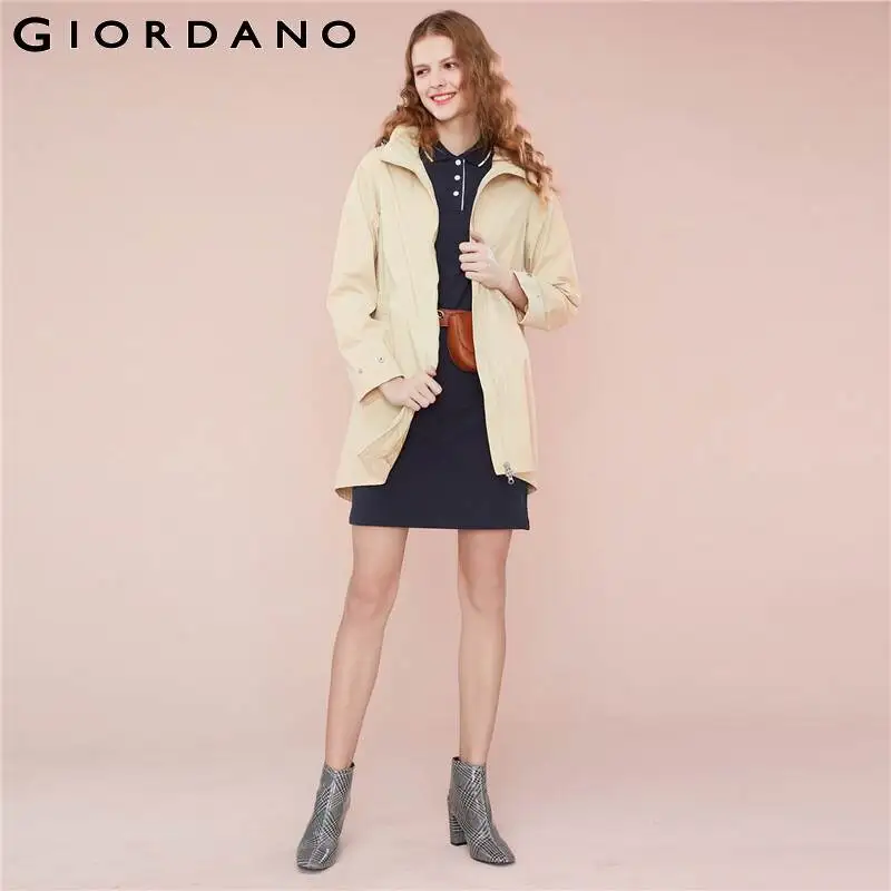 Giordano Женская ветровка окольцованная Талия Скрытая капюшон Длинная стильная