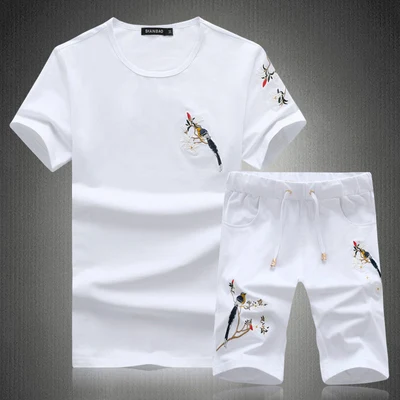 Летние Для мужчин женские наборы китайский Стиль цветок и птица вышивка короткий рукав костюмы для Для мужчин Повседневное хлопок Футболки+ шорты M-5XL - Цвет: Белый