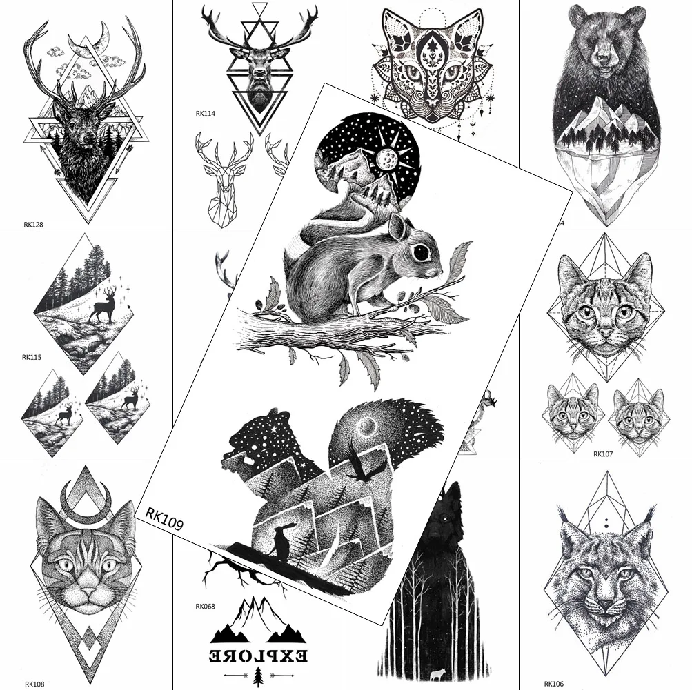 

Black Cute Squirrel Temporary Tattoos Moon Star Sticker Waterproof Mountain Forest Tattoo For Men Women Body Art Arm Tatoo Paper