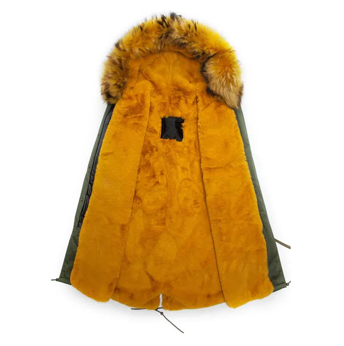 Real yellow furs new parka style fur hood coats men fashion noble wear long army green jacket