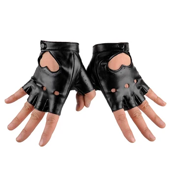 

1 Pair Fashion PU Leather Black Women Half Finger Gloves Autumn Winter Solid Cool Heart Hollow Fingerless Gloves