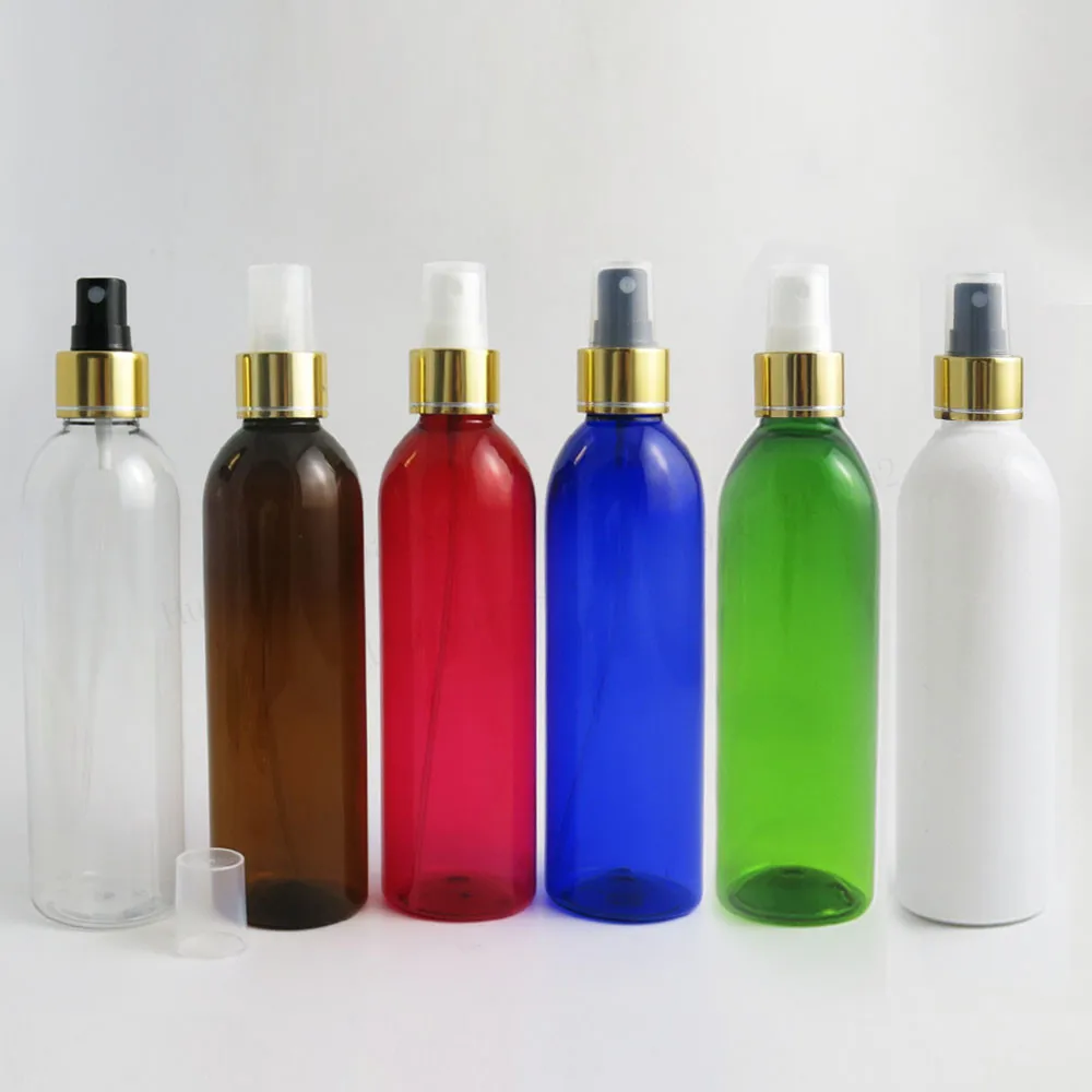 

20 x DIY 250MLClear Amber Red Blue PET Perfume Bottle With Gold Aluminum Clourse 250ML Plastic Bottle With Mist Sprayer