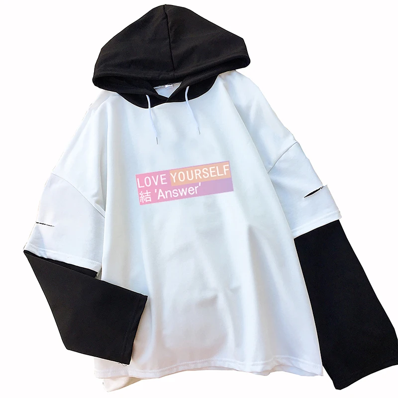 

Kpop LOVE YOURSELF Answer Patchwork T Shirt Bangtan Boys T-Shirt Women Long Sleeve Harajuku Tops Letter Print Korean Clothes