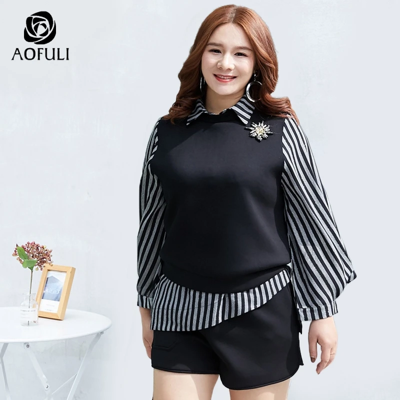 

AOFULI L~ 4XL 5XL Asymmetric Shorts Set Women Plus Size Tops And Shorts Suit Black Lantern Sleeve Striped Tees Twinset A3900