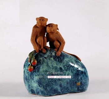 

13'' china porcelain pottery handwork carvings peach both two monkey statue