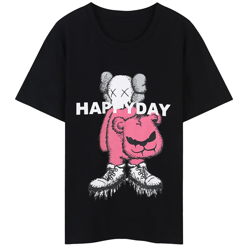 

women men loose Cartoon printed short-sleeve t-shirt female round neck loose summer tee black white 2 colors available