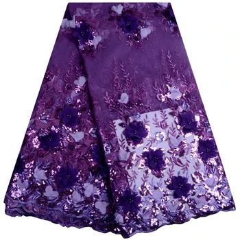 

3D Flower Fabric High Quality Purple Lace Fabric With Beads And Sequins 5 Yards African French Lace Fabric For Party Dress 888