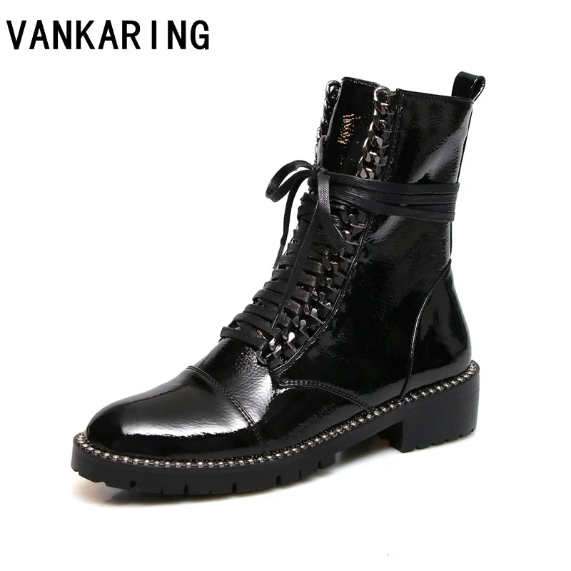 

VANKARING new fashion ankle boots for women platform shoes punk style rubber sole lace up black autumn winter chunky boots women