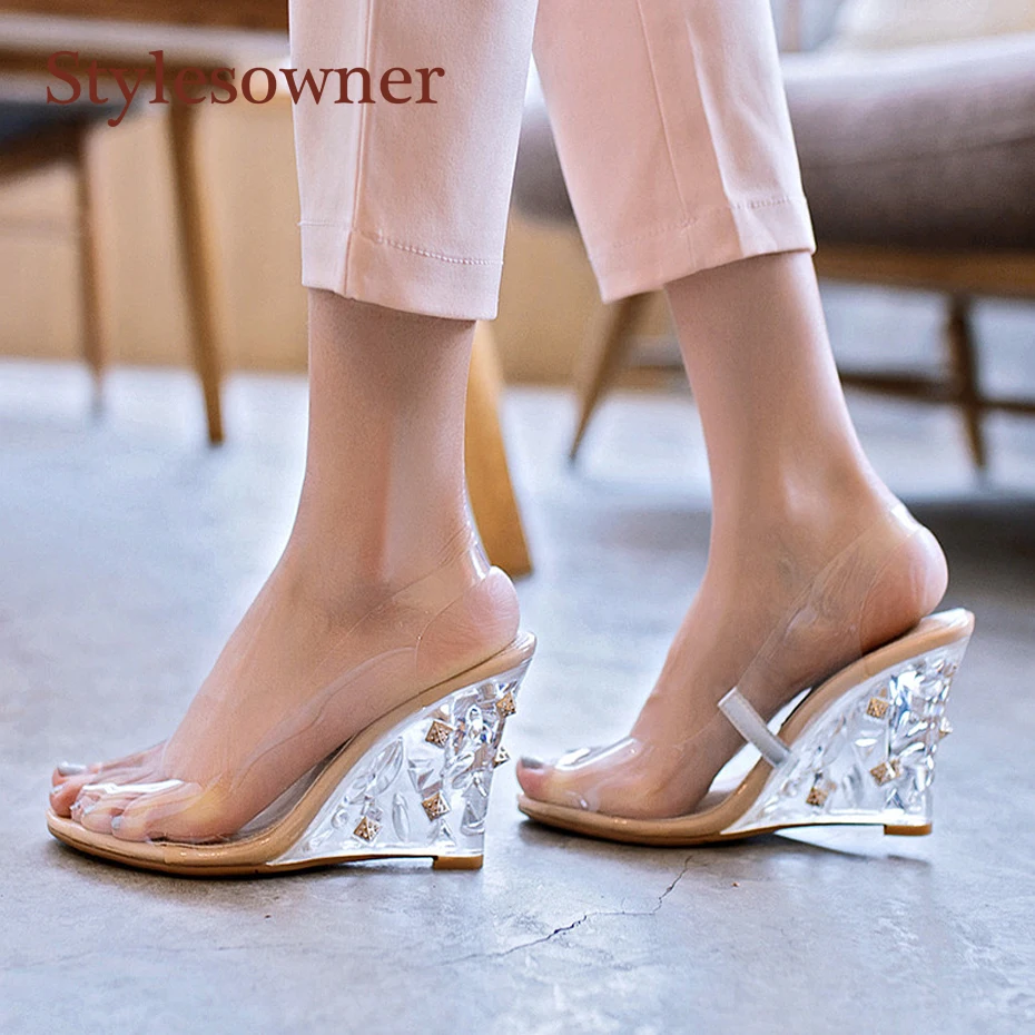 

Stylesowner Transparent Summer Sandals For Female Crystal 8.5cm Wedge High Heel Shoe Fish-mouth Princess Clear Crystal Sandal