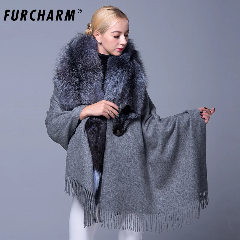 Cashmere Shawls and Scarves with Genuine Silver Fox Fur Collar Scarf