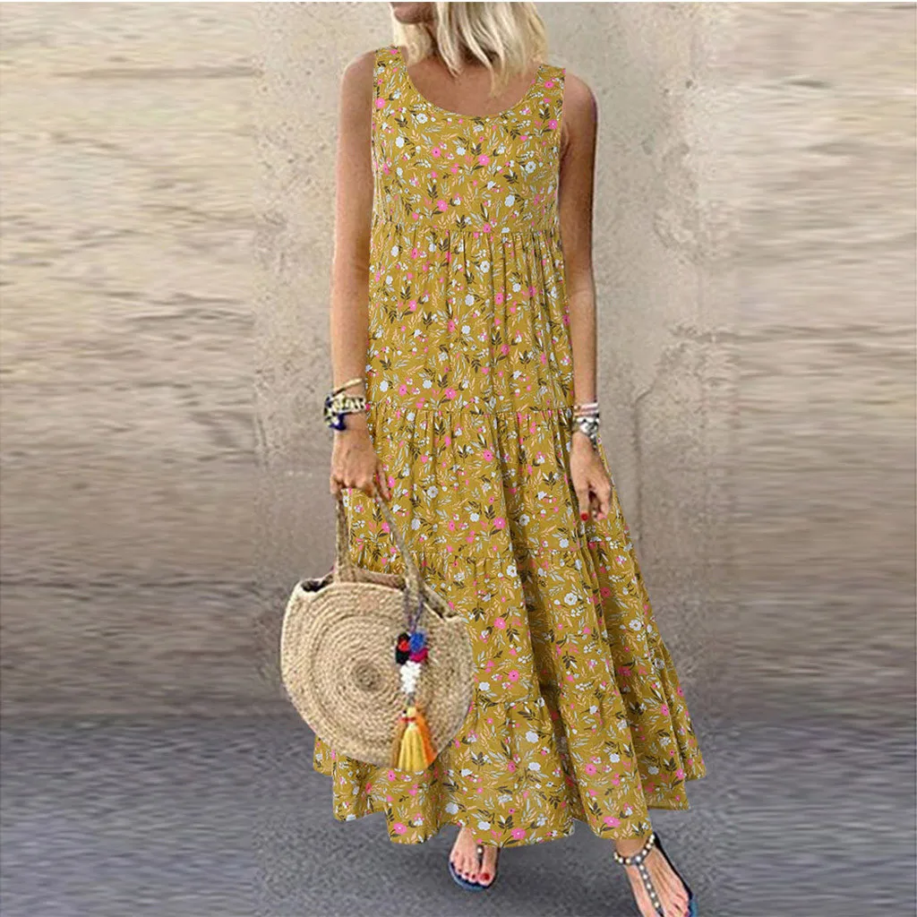 Летнее богемное пляжное платье размера плюс M-5XL, женское модное повседневное свободное платье без рукавов с цветочным принтом, длинное хлопковое и льняное платье