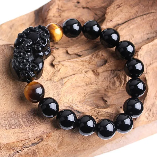 Black Obsidian Beads Bracelet Feng Shui Obsidian Pixiu Bracelet Jewelry