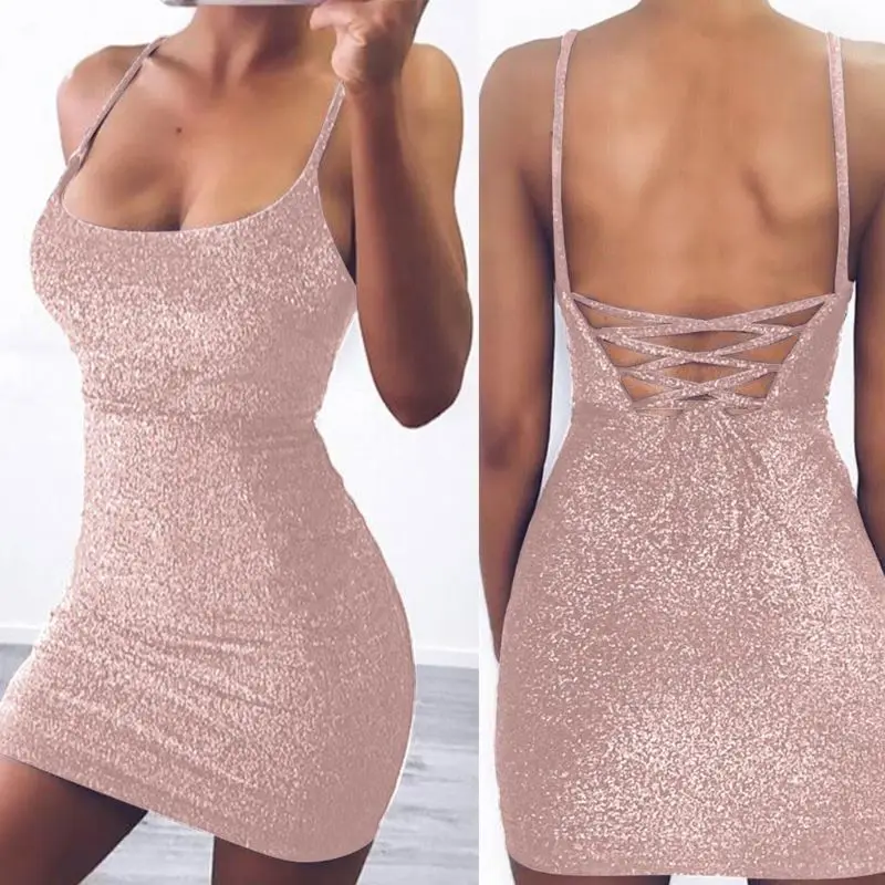 

5 Color Women Sexy Low Cut Neck Mini Bodycon Sheath Dress Glitter Sequins Cross Strappy Bandage Backless Cocktail Party Clubwear