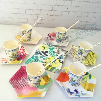 

12 Sets Baby Shower Birthday Party Garden Theme Tableware Spring Decorations Paper Plates Paper Cups Napkins Drinking Straws