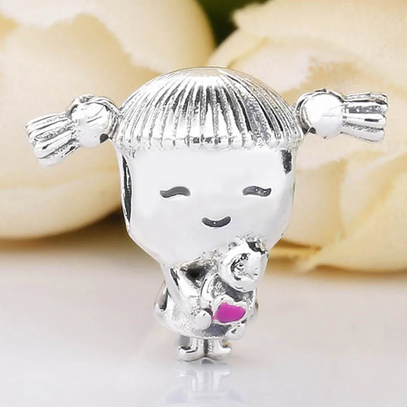 

New 925 Sterling Silver Bead Charm Bouncing Pigtails Girl With Pink Enamel Heart Pigtails Beads Fit Pandora Bracelet Diy Jewelry