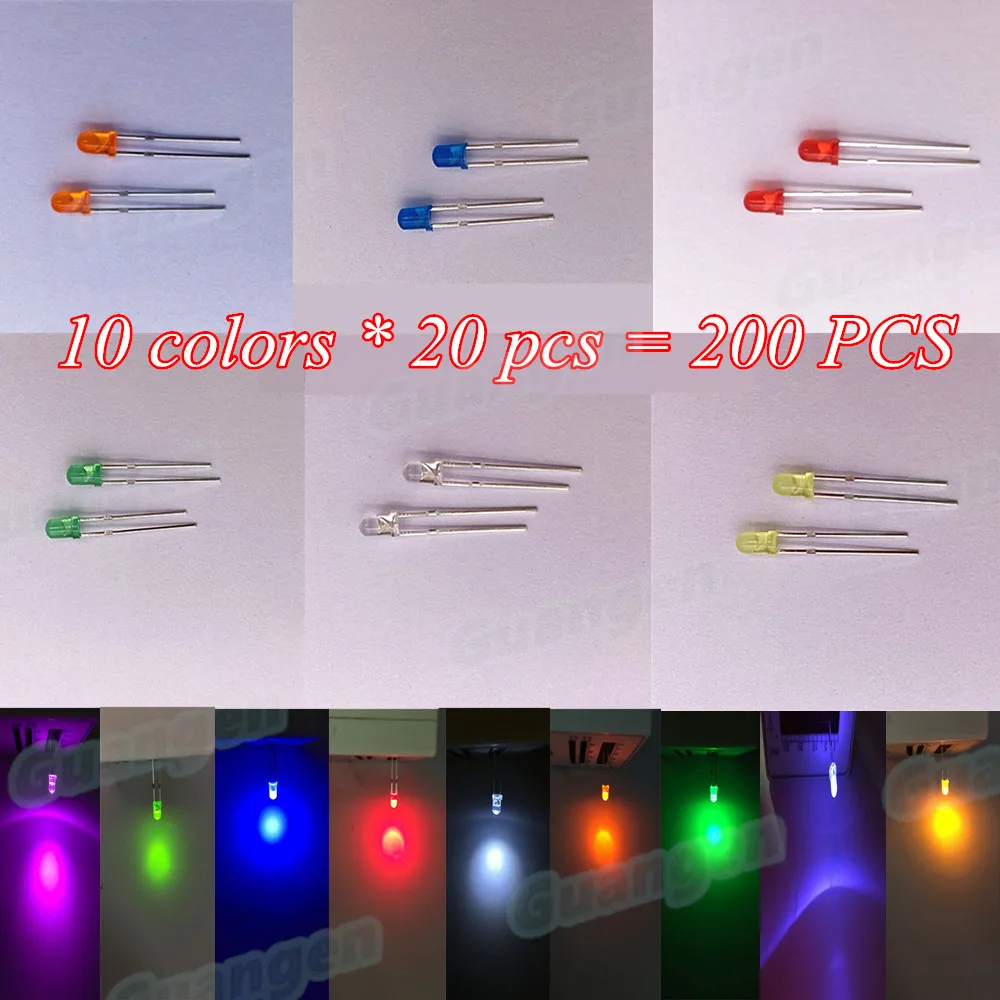 Buy 200pcs(10 colors*20pcs)3mm LED Diode Ultra Bright Assorted Kit DIY White