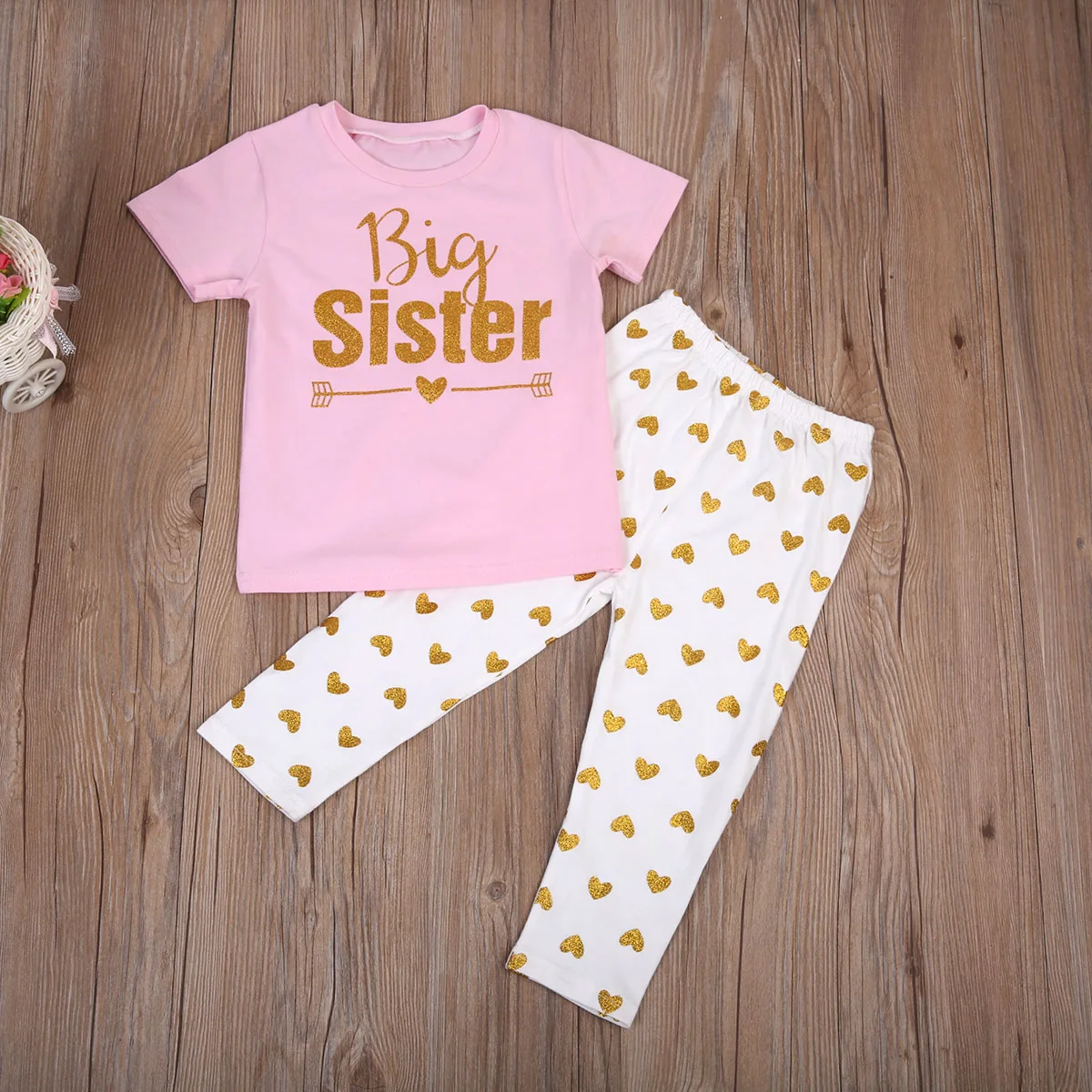 2PCS Set Sister Match Clothes 2017 New Big Sister T-shirt Tops Pant Little Sister Baby Bodysuit+Pant Heart Print Outfit Clothes matching couple outfits