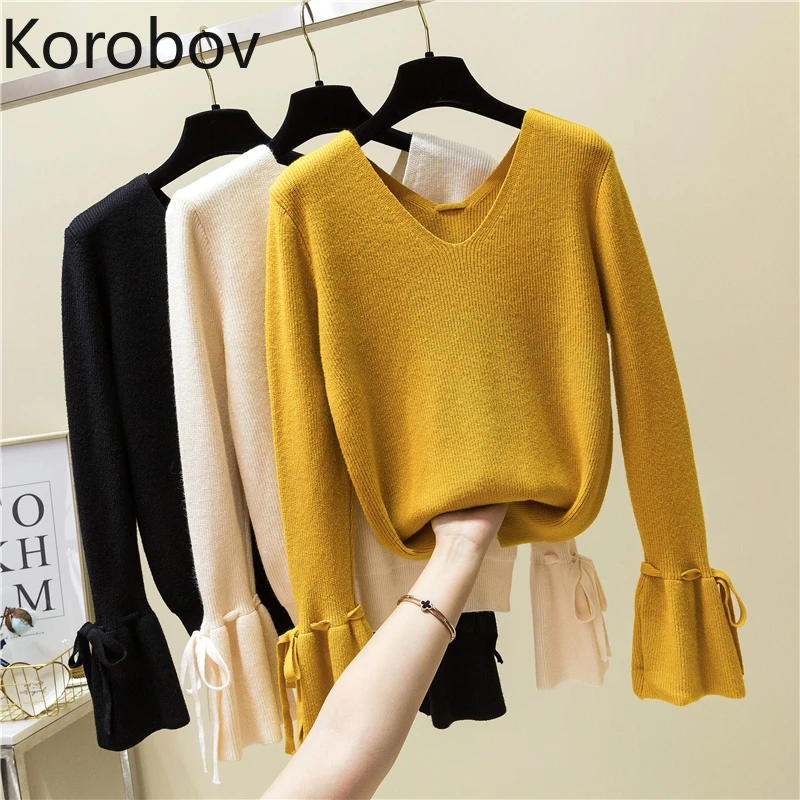 

Korobov Autumn New Solid Flare Long Sleeve Pullovers V-Neck Lace-Up Bow Sweaters Korean Solid Basic Female Knitted Tops 78571