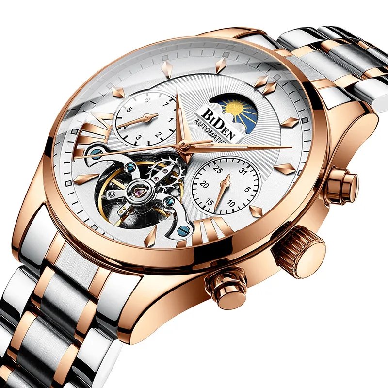 

BIDEN Luxury Top Brand Men Automatic Mechanical Watches Tourbillon Sports Male Clock Casual Business Full Steel Retro Wristwatch