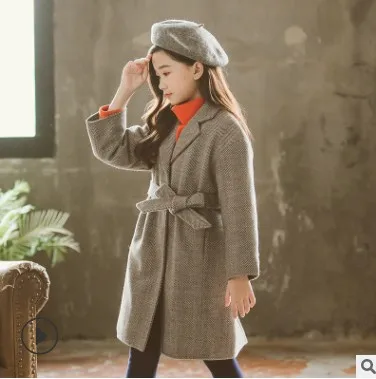 Шерстяное пальто в Корейском стиле для девочек-подростков; Верхняя одежда для девочек; пальто; детская одежда; зимнее плотное шерстяное пальто с поясом; RT564 - Цвет: dark grey
