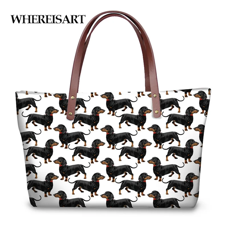

WHEREISART Ladies Tote Bags Cute Cartoon Animal Dachshund Printing Casual Summer Beach Handbags for Women Fashion Shopping Bags