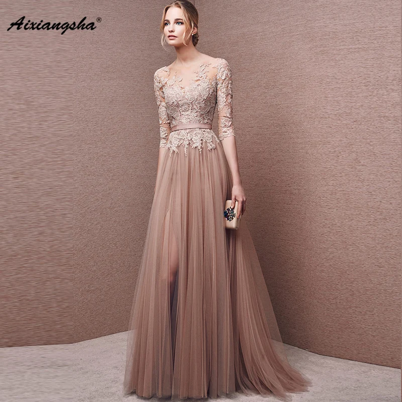 2018 New arrival Elegant Zipper Elegant A-Line Floor-Length Customized Fashionable Appliques Tulle Scoop Neck Evening Dresse