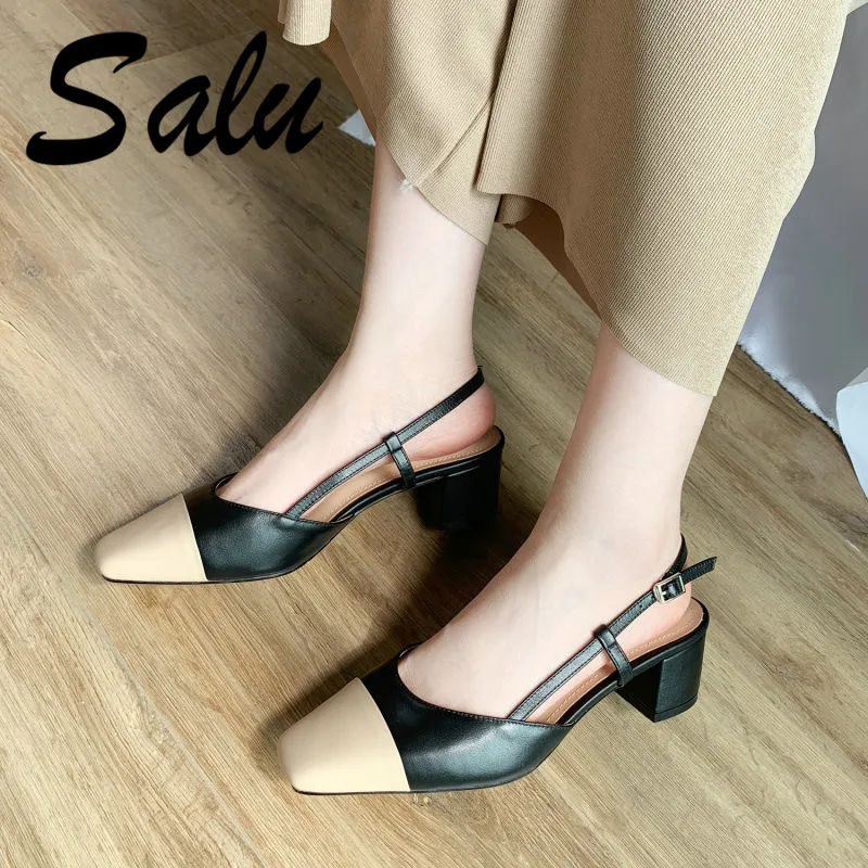 

Salu Top Quality Genuine Leather Sandals Women New Brand Design Square Heels Summer Sandals Wedding Basic Shoes Woman
