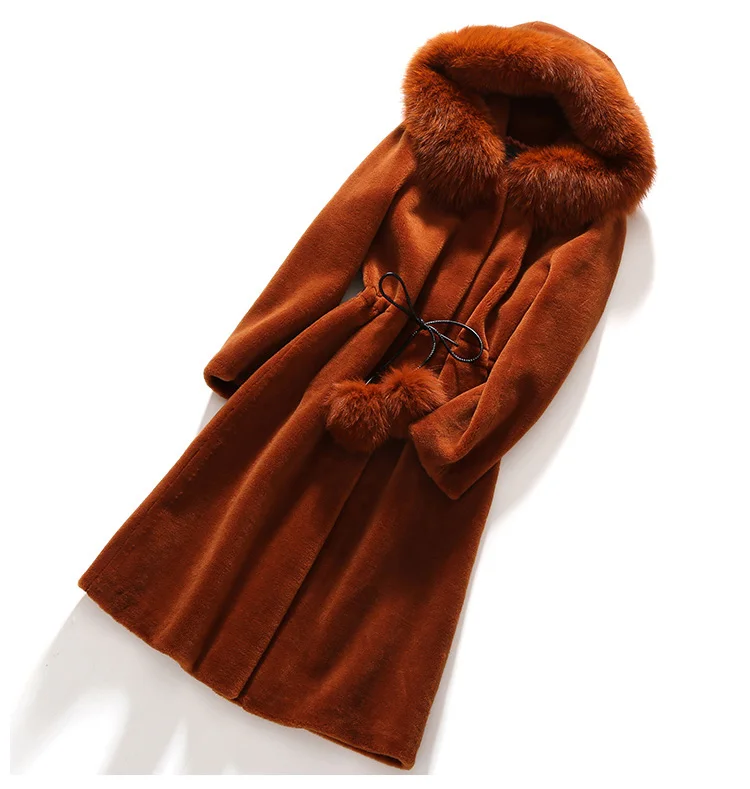 2018 тенденции моды новое поступление Для женщин толстый теплый овец Мех животных пальто с капюшоном и натуральным лисьим меховой воротник