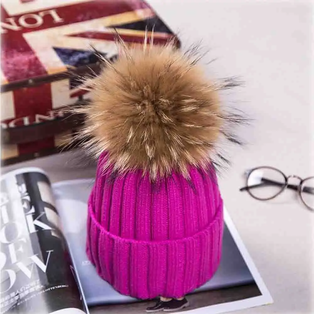

New Fashion Winter Warm Knitted Woolen Hats With Velvet Fur For Women Girl Solid Natural Raccoon Beanies Caps