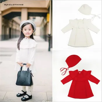 

2017 Autumn Spring Girls Knitted Dress Children Sweater Dress with hat Kids Clothes Red White Clearence Sale