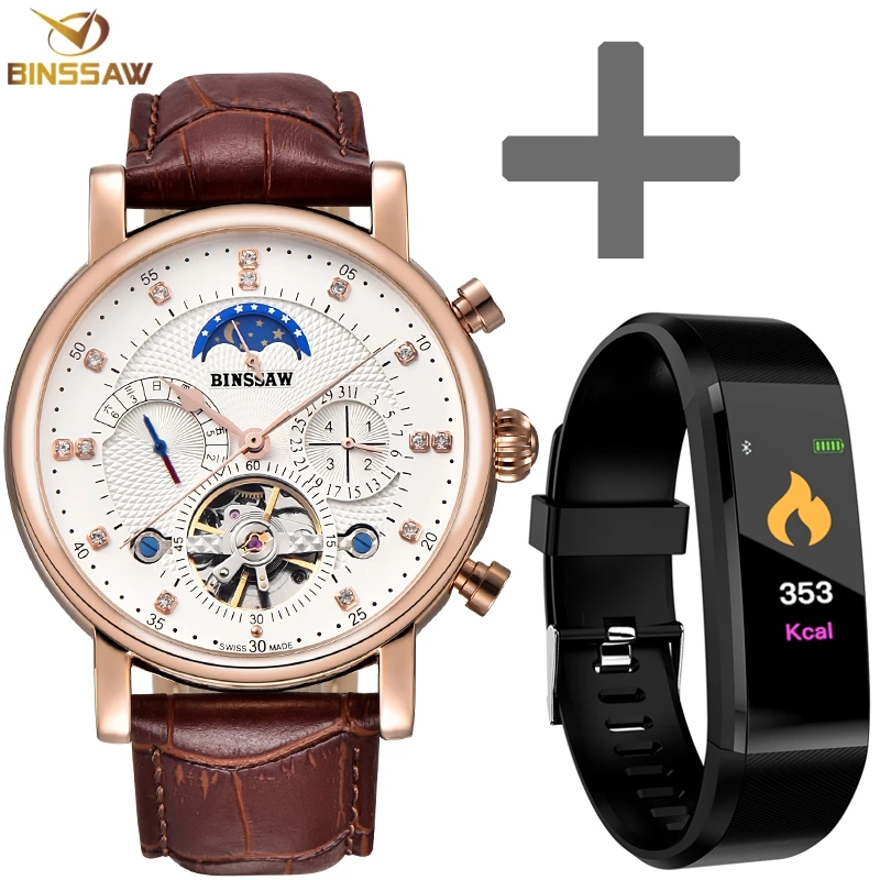 BINSSAW мужские часы Tourbillon роскошные модные повседневные брендовые кожаные