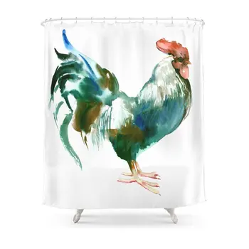

Rooster, Turquoise Blue Brown Kitchen Art Shower Curtain