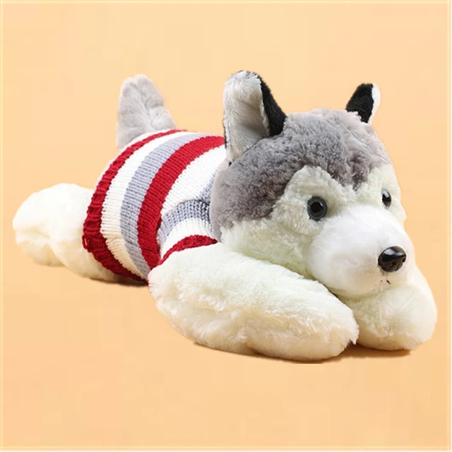 Cute Husky Dog Plush Red Stripe Sweater Coat Puppy Dog Toys Stuffed Animal Kids Girl Educational