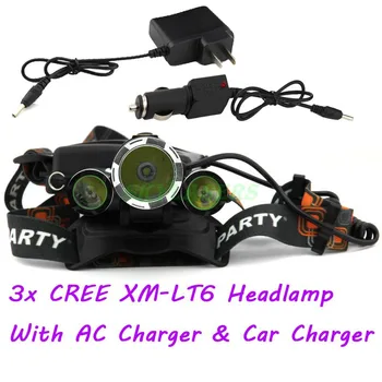 

3 x XM-L XML T6 LED 5000Lm 3T6 Rechargeable Headlamp Headlight Head lamp + AC Charger +Car Charger FREE SHIPPING