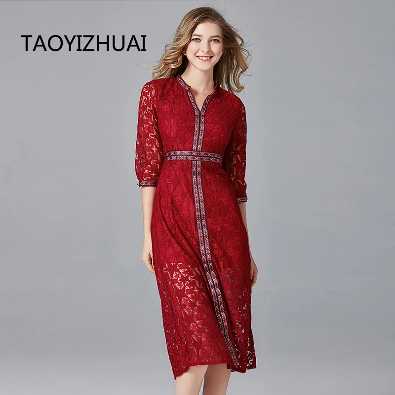 Женское длинное кружевное платье TAOYIZHUAI Осеннее красное платье-Ципао в китайском