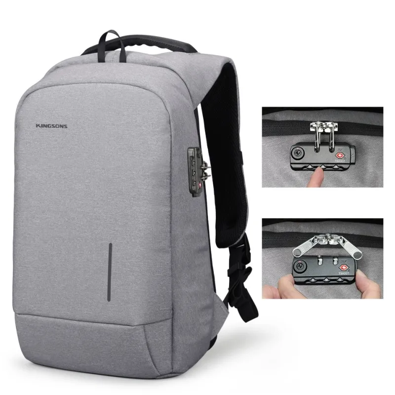 Kingsons KS3149W 13,3 15,6 дюймов внешний usb зарядка ноутбука Рюкзаки Школьный рюкзак сумка для мужчин и женщин Дорожные сумки - Цвет: light gray lock
