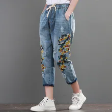 Укороченные штаны, штаны-шаровары с цветочной вышивкой, эластичная резинка на талии, Ретро стиль, винтажные джинсы для женщин, женские штаны A0B2Z40