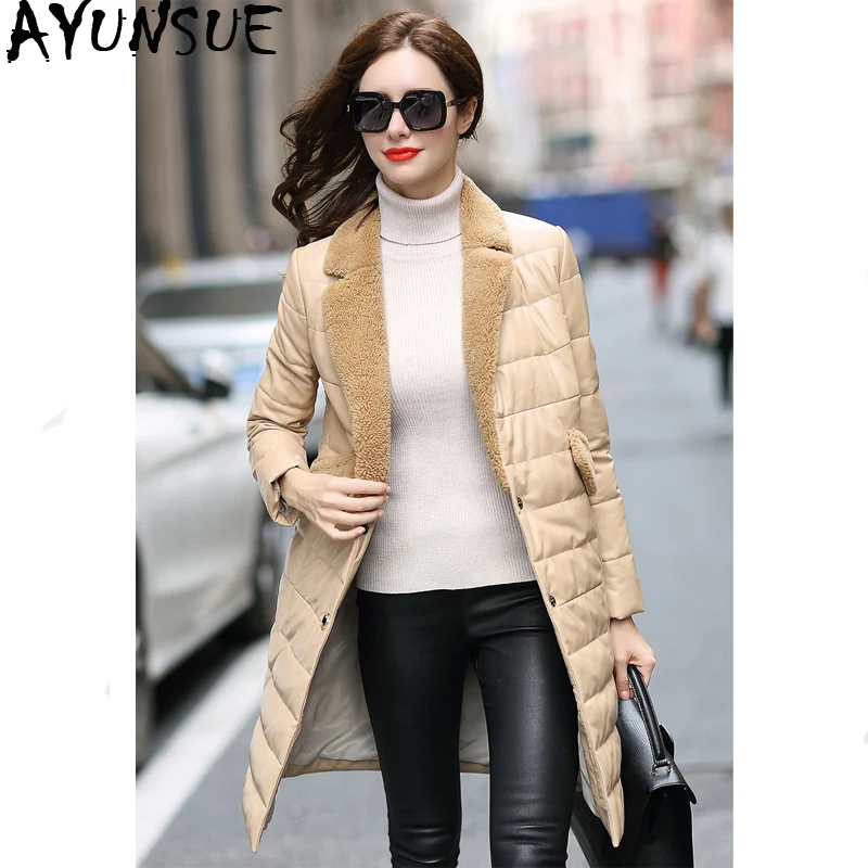 

AYUNSUE 100% Real Sheepskin Coat Female Genuine Leather Down Jackets 2019 Winter Jacket Women Lamb Fur Collar Long Coats MY3646