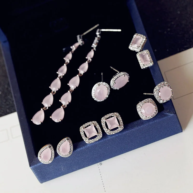 Модный высококачественный милый маленький квадратный Овальный светильник, длинные серьги из розового ледяного циркония, каплевидный CZ камень, Женские Ювелирные изделия