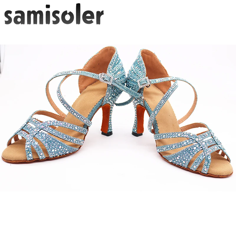 Женские туфли для бальных танцев Samisoler Синие стразы профессиональные танго и