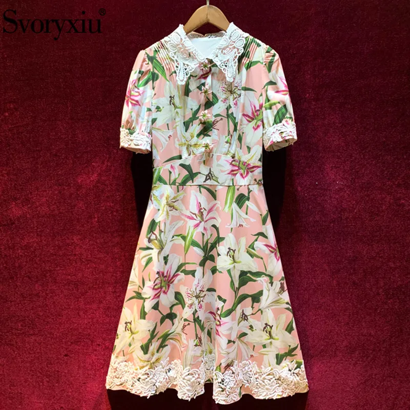 

Svoryxiu New Runway lily Flower Print Series Dress Women's Short Sleeve Custom Button Summer Party High End Dress Female