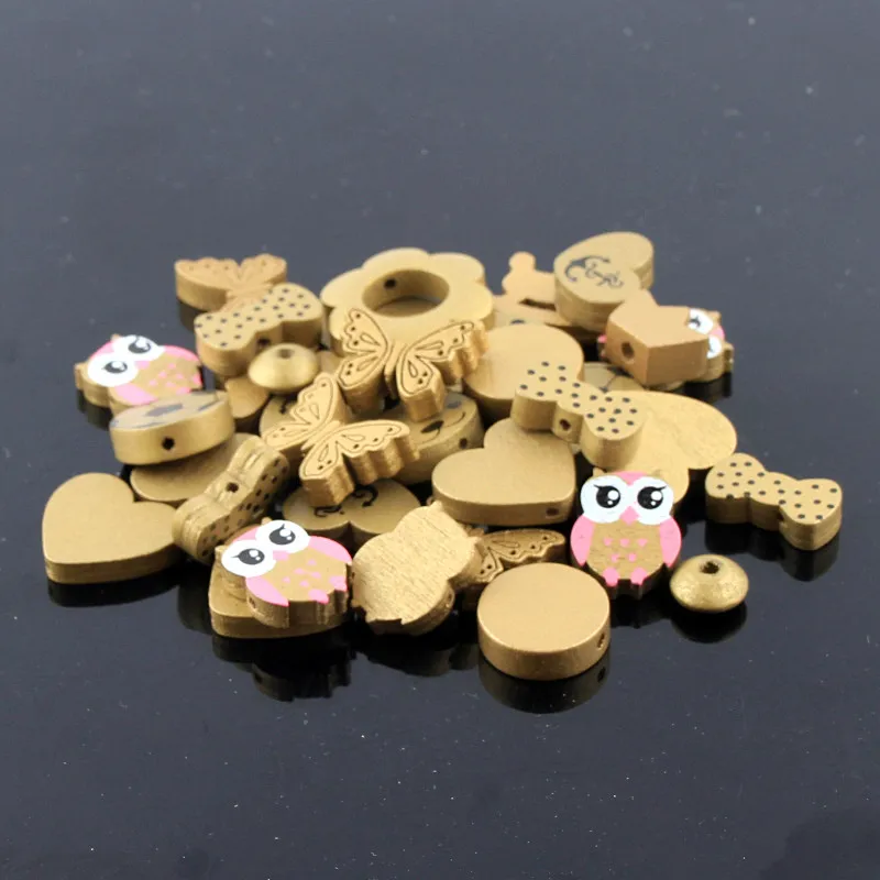 

Gold Color Multi Pattern Wood Beads 50pcs Many Shape Random Wood Beads for Jewelry Making DIY Rattle Pacifier Clip Necklace